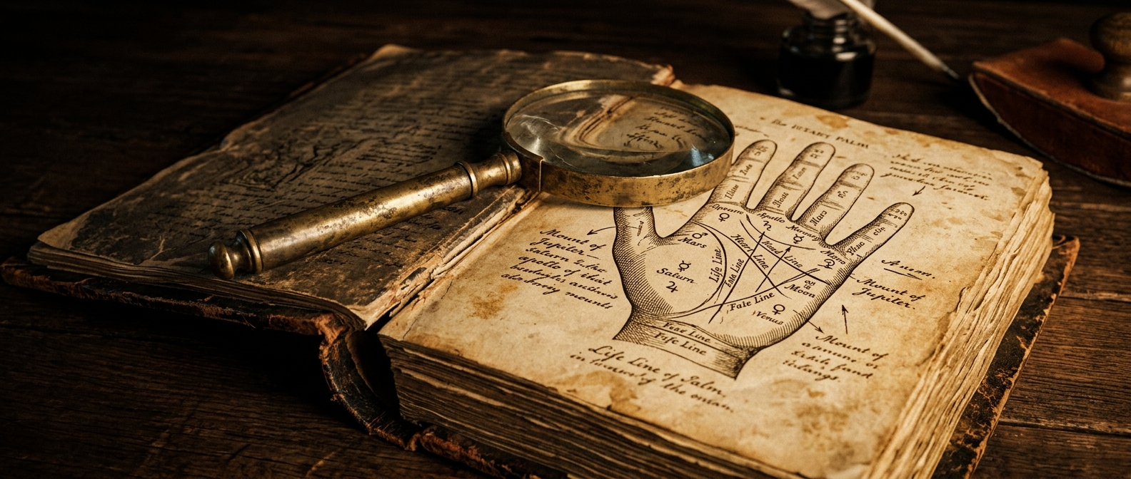 Antique palmistry diagram in an open book, illustrating the history of palmistry and chiromancy